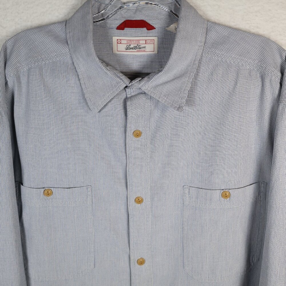 Levi Strauss Signature‎ Mens XL White Blue Striped Cotton Long Sleeve Button Up